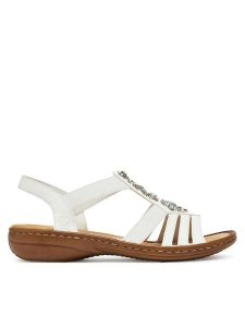 Rieker Sandały 60839-80 Biały. Białe sandały Rieker, bez wzorów, z materiału, bez obcasa, na płaskiej podeszwie, bez zapięcia. Za 209,99 zł.