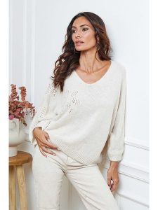 So Cachemire Sweter "Arobaz" w kolorze kremowym rozmiar: M. Brązowe swetry oversize So Cachemire, m, bez wzorów, ze splotem, bez ramiączek. Za 183,15 zł.