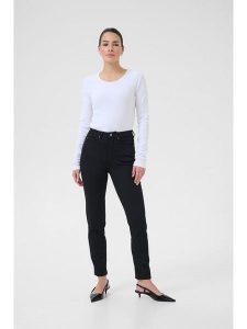 Kaffe Dżinsy - Slim fit - w kolorze czarnym rozmiar: W34. Czarne jeansy Kaffe, z aplikacjami, ze skóry, z podwyższonym stanem. Za 173,99 zł.