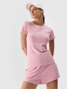 4F T-shirt slim gładki damski - różowy XS. Czerwone t-shirty 4f, xs, bez wzorów, z bawełny, bez kołnierzyka, bez ramiączek. Za 39,99 zł.