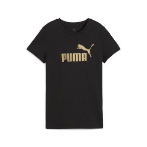 Damska koszulka z logo NO. 1 ESS METALLIC PUMA Black Metallic Gold. Czarne bluzki Puma, xl, bez wzorów, sportowe, bez kołnierzyka, bez ramiączek. Za 80,99 zł.
