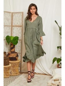 Lin Passion Lniana sukienka w kolorze khaki rozmiar: 34/36. Brązowe sukienki Lin Passion, bez wzorów, ze lnu, klasyczne, bez kołnierzyka, bez ramiączek, midi. Za 136,13 zł.