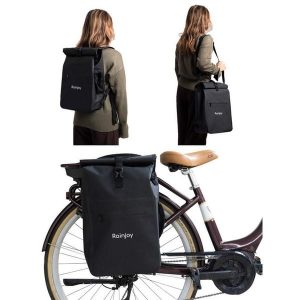 Wodoodporny plecak rowerowy 3w1 – plecak, sakwa na bagażnik i torba na ramię. Czarne plecaki RAINJOY. Za 290,00 zł.