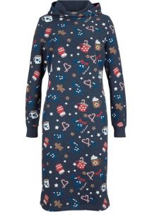 Sukienka dresowa w bożonarodzeniowe motywy. Niebieskie sukienki bonprix, z aplikacjami, z dresówki, bez kołnierzyka, bez ramiączek. Za 134,99 zł.