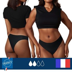 Menstruacyjny strój kąpielowy brazylijski – średnia chłonność. Czarne bikini PLIM UNDERWEAR, bez wzorów. Za 139,99 zł.