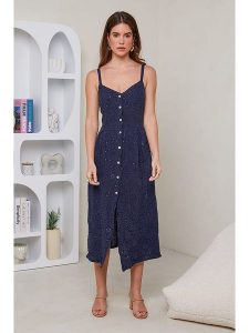 Rodier Lin Lniana sukienka w kolorze granatowym rozmiar: M/L. Niebieskie sukienki Rodier Lin, l, bez wzorów, ze lnu, bez kołnierzyka, bez ramiączek, maxi. Za 144,92 zł.