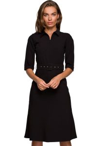 Elegancka sukienka koszulowa z kołnierzykiem i paskiem w talii czarna. Czarne sukienki Stylove, do pracy, m, bez wzorów, biznesowe, bez kołnierzyka, bez ramiączek, koszulowe. Za 329,00 zł.