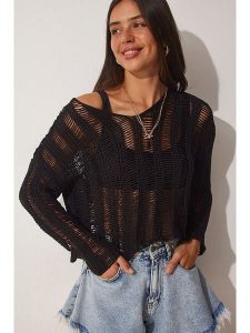 Happiness Istanbul Sweter w kolorze czarnym rozmiar: S/M. Czarne swetry oversize Happiness Istanbul, m, bez wzorów, ze splotem, bez ramiączek. Za 79,03 zł.