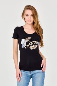 GUESS Damski czarny t-shirt ze zdobionym logo. Czarne t-shirty Guess, s, z aplikacjami, bez kołnierzyka, bez ramiączek. W wyprzedaży za 199,99 zł.