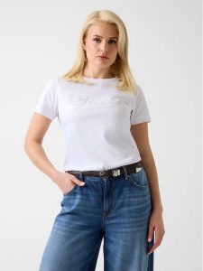 Guess T-Shirt 181234 Biały Classic Fit. Białe t-shirty Guess, l, z aplikacjami, bez kołnierzyka, bez ramiączek. Za 229,99 zł.