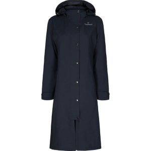 Kurtka przeciwdeszczowa dla kobiet do jazdy konnej Equipage Heaven. Niebieskie kurtki QHP, bez wzorów, ze skóry, bez kaptura. Za 548,50 zł.