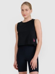 4F Top regular z nadrukiem damski - czarny XS. Czarne topy 4f, xl, bez wzorów, z bawełny, klasyczne, bez kołnierzyka, bez ramiączek. W wyprzedaży za 29,99 zł.
