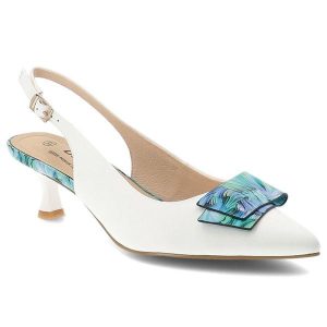 Czółenka damskie S.Barski, slingback ze skóry naturalnej z dekoracyjną aplikacją na niskim obcasie zapinane sprzączką, białe, LZ61-2006. Białe czółenka S.BARSKI, z aplikacjami, ze skóry, bez obcasa, na obcasie, bez zapięcia. Za 233,90 zł.