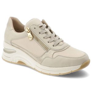 Beżowe Sneakersy Rieker Modne Obuwie Damskie Na Koturnie. Brązowe czółenka Rieker, bez wzorów, z materiału, bez obcasa, na koturnie, bez zapięcia. Za 359,00 zł.