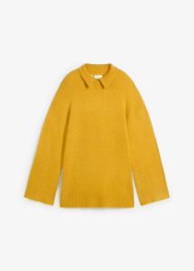 Sweter oversize ze stójką i rozcięciami po bokach. Żółte swetry klasyczne bonprix, bez kołnierzyka. Za 119,99 zł.