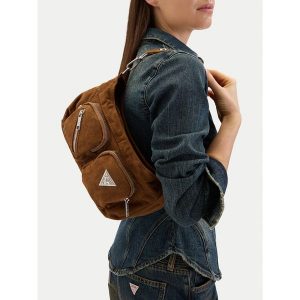 Torebka Guess Jeans. Brązowe torebki klasyczne Guess Jeans, z aplikacjami, z jeansu, bez dodatków. Za 259,99 zł.