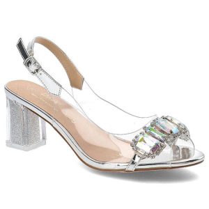 Srebrne Sandały S.Barski Eleganckie Buty Na Słupku. Szare sandały S.BARSKI, z aplikacjami, ze skóry, bez obcasa, na obcasie, bez zapięcia. Za 149,00 zł.