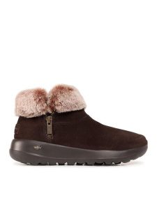 Skechers Botki On The Go Joy 144003/CHOC Brązowy. Brązowe botki Skechers, bez wzorów, ze skóry, bez obcasa, na płaskiej podeszwie, bez zapięcia. Za 203,99 zł.