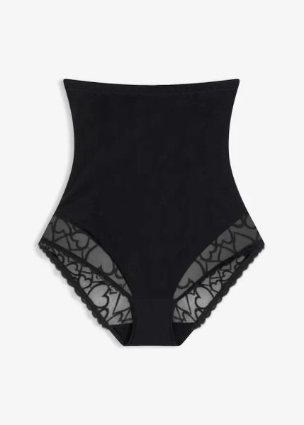 Figi shape o silnym stopniu modelowania z koronką w serduszka. Czarne figi bonprix, bez wzorów, z koronki. Za 72,99 zł.