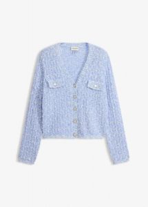 Kardigan z przędzy bouclé. Niebieskie kardigany bonprix. Za 189,99 zł.