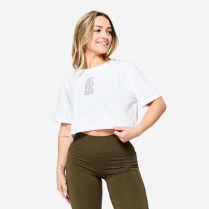Koszulka fitness damska Domyos crop top. Topy DOMYOS, m, bez wzorów, z bawełny, sportowe, bez kołnierzyka, bez ramiączek. Za 49,99 zł.
