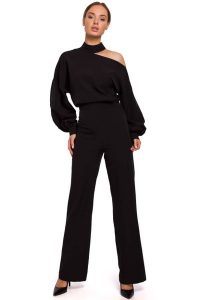 Czarny Kombinezon z Asymetrycznym Dekoltem. Czarne kombinezony MOE, l, bez wzorów, z elastanu, eleganckie, z asymetrycznym kołnierzem, bez ramiączek. Za 323,90 zł.