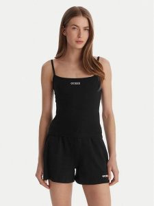 Guess Top E6GP02 J1314 Czarny Regular Fit. Czarne topy Guess, s, z aplikacjami, z bawełny, bez kołnierzyka, bez ramiączek. Za 129,99 zł.