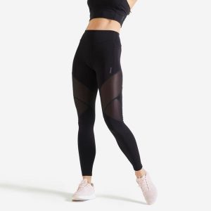 Legginsy fitness damskie Domyos. Czarne legginsy DOMYOS, bez wzorów, z materiału, z podwyższonym stanem, długie. Za 69,99 zł.