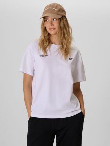 4F T-shirt loose z nadrukiem damski - biały S. Białe t-shirty 4f, m, bez wzorów, z bawełny, bez kołnierzyka, bez ramiączek. Za 79,99 zł.