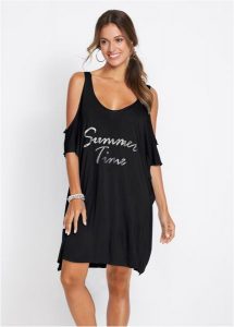Prześwitująca sukienka plażowa. Czarne sukienki bonprix, na plażę, bez wzorów, eleganckie, bez kołnierzyka, bez ramiączek. Za 62,99 zł.
