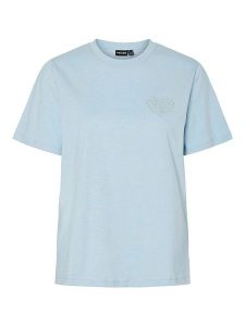 Pieces Koszulka "Tara" w kolorze błękitnym rozmiar: XL. Niebieskie bluzki Pieces, xl, bez wzorów, z bawełny, bez kołnierzyka, bez ramiączek. Za 70,24 zł.