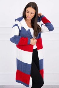 Sweter w pasy trzykolorowy ecru+jeans+czerwony. Czerwone długie swetry KESI, l, z jeansu, bez kołnierzyka, plus size. Za 178,78 zł.