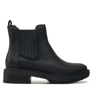 Sztyblety Timberland. Czarne botki Timberland, bez wzorów, bez obcasa, na płaskiej podeszwie, bez zapięcia. Za 599,99 zł.