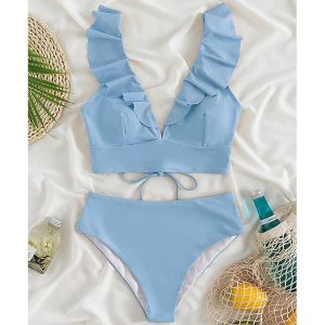 Dwuczęściowy strój kąpielowy z falbankami i wysoką talią Iolanthe. Niebieskie bikini Intica, bez wzorów, z materiału. Za 149,00 zł.