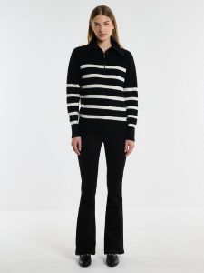 Sweter damski w czarno-białe paski rozpinany z dodatkiem kaszmiru Stripalia 906. Czarne golfy Big Star, na lato, l, z jeansu, bez kołnierzyka. W wyprzedaży za 209,99 zł.