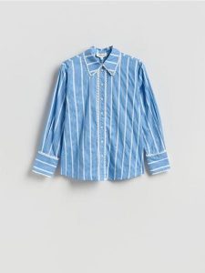 Koszula w paski - jasnoniebieski. Niebieskie koszule Reserved, l, bez wzorów, z bawełny, bez kołnierzyka, bez ramiączek. Za 159,99 zł.