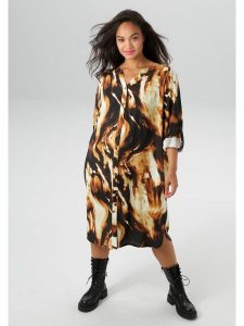 Aniston Sukienka w kolorze czarno-jasnobrązowym rozmiar: 48. Brązowe sukienki Aniston, bez wzorów, z wiskozy, bez kołnierzyka, bez ramiączek, midi. Za 74,28 zł.