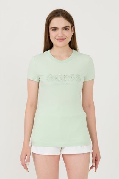 GUESS Zielony damski t-shirt Sangallo Tee, Rozmiar L. Zielone t-shirty Guess, l, z aplikacjami, bez kołnierzyka, bez ramiączek. W wyprzedaży za 120,99 zł.