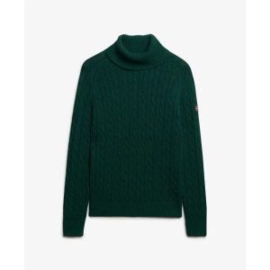 Sweter na plecionce z golfem damski Superdry. Zielone golfy Superdry, bez wzorów, ze splotem. Za 327,70 zł.