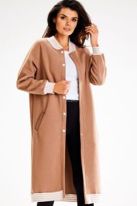 Długa Rozpinana Bluza ze Stójką - Beżowa. Brązowe bluzy Awama, l, bez wzorów, z bawełny, bez kaptura. Za 228,90 zł.