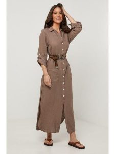 Le Monde du Lin Lniana sukienka w kolorze szarobrązowym rozmiar: 36/38. Brązowe sukienki Le Monde du Lin, bez wzorów, ze lnu, bez kołnierzyka, bez ramiączek, maxi. Za 195,99 zł.