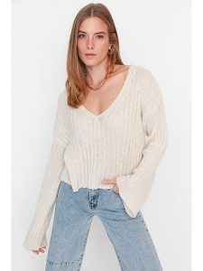 Trendyol Sweter w kolorze kremowym rozmiar: XS. Brązowe swetry oversize Trendyol, xs, bez wzorów, z wełny, bez ramiączek. Za 56,99 zł.