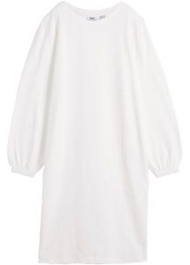 Sukienka dresowa z rękawami balonowymi i rozcięciem. Czarne sukienki bonprix, bez wzorów, z dresówki, bez kołnierzyka, bez ramiączek, midi. Za 107,99 zł.