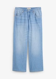 Dżinsy Straight, mid waist, z wygodnym paskiem, łów stretch, cropped. Niebieskie jeansy bonprix, bez wzorów, z bawełny, krótkie. Za 107,99 zł.