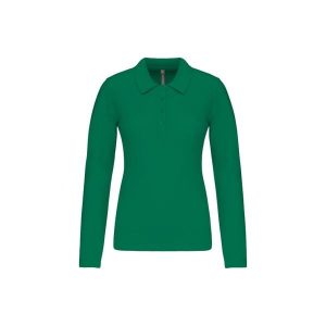 Damska koszulka polo pique z długim rękawem Kariban. Zielone bluzki KARIBAN, bez wzorów, bez kołnierzyka, bez ramiączek. Za 128,50 zł.