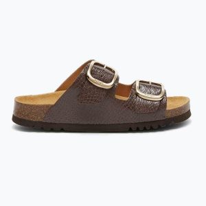 Klapki damskie Scholl Noelle Syntetic Reptile. Brązowe klapki Scholl, bez wzorów, z materiału, bez obcasa. Za 249,99 zł.
