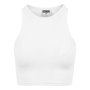 Damski klasyczny miejski crop top w prążki. Białe topy Urban Classics, bez wzorów, prążkowane, klasyczne, bez kołnierzyka, bez ramiączek. Za 36,50 zł.