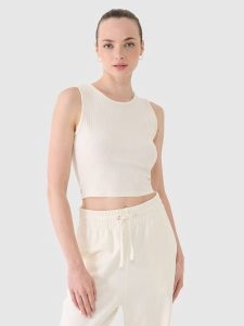 4F Crop top dzianinowy damski - biały M. Białe topy 4f, m, bez wzorów, z bawełny, sportowe, bez kołnierzyka, bez ramiączek. W wyprzedaży za 29,99 zł.