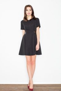 Czarna Elegancka i Skromna Sukienka z Patkami z Eko-skóry. Czarne sukienki SALE, l, bez wzorów, z elastanu, eleganckie, bez kołnierzyka, bez ramiączek. Za 46,13 zł.