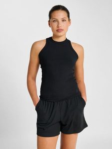 Damski prążkowany tank top Hummel Pulse. Czarne topy Hummel, m, bez wzorów, z materiału, klasyczne, bez kołnierzyka, bez ramiączek. Za 133,80 zł.